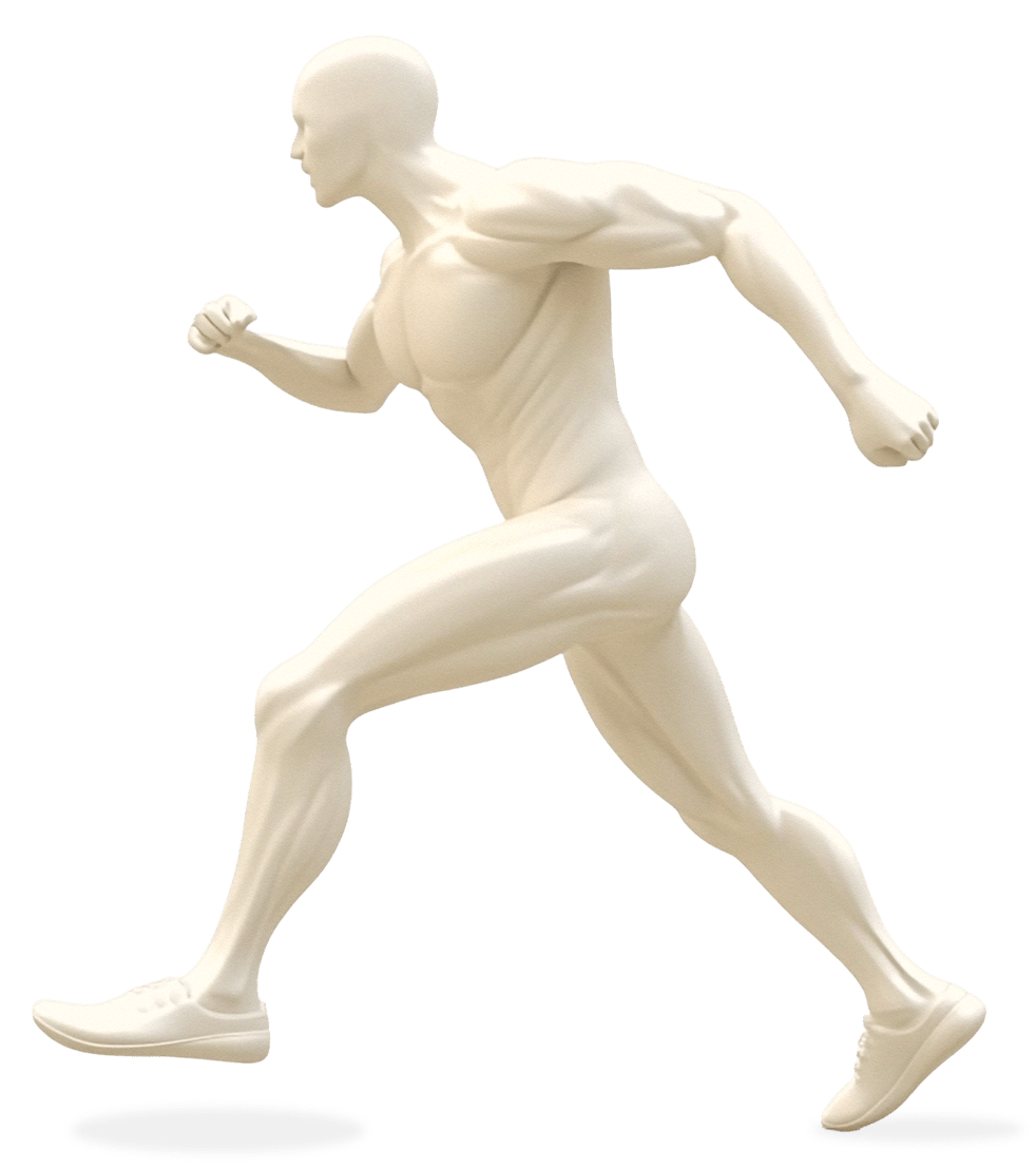 Anatomische Läuferfigur mit markierten Körperregionen: Nacken, Schulter, Ellenbogen, Rücken, Hüfte, Knie und Achillessehne